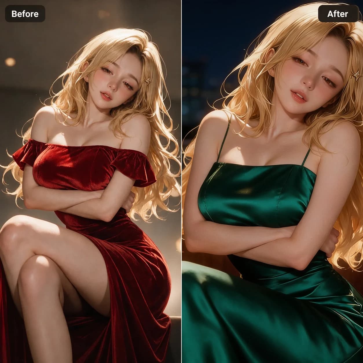 Before-and-after reference-image style transformation with the SeeDream 4.5 model