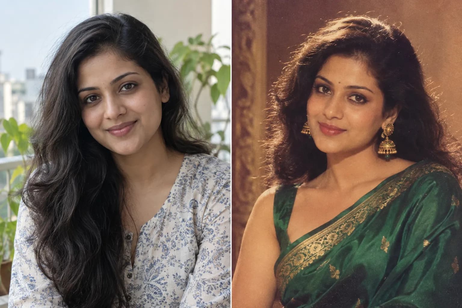 1980s Bollywood portrait — modern and styled looks side by side