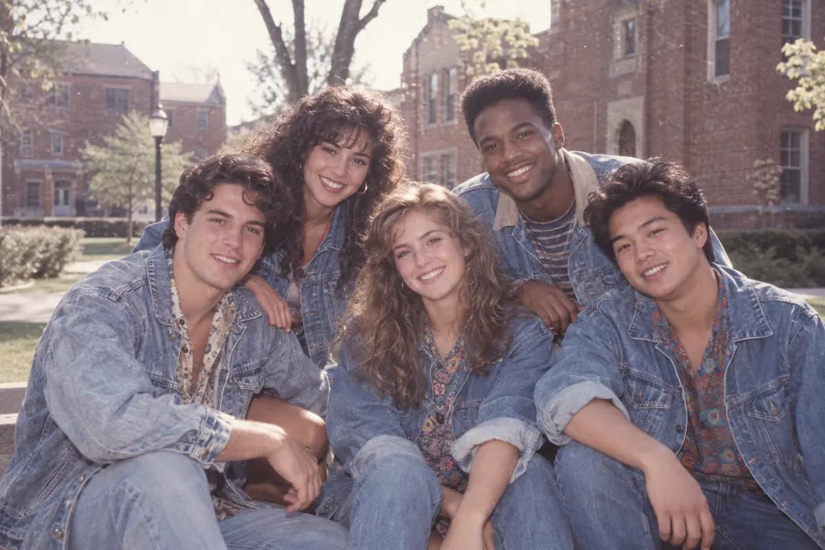 1980s friends group photo — AI-generated style example