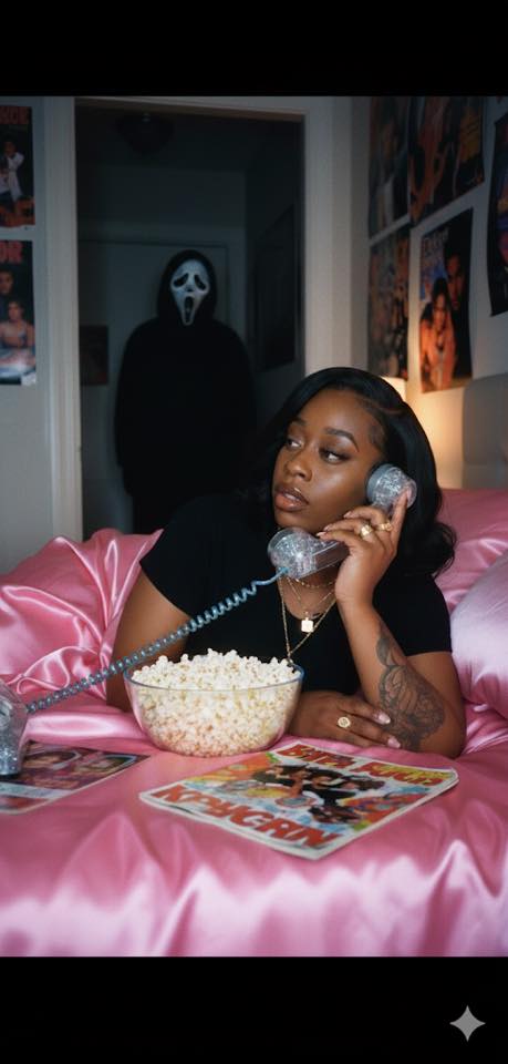 Girl on pink bed with Ghostface in doorway