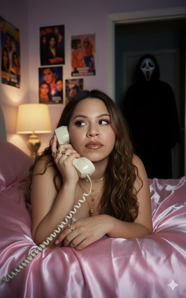 Girl on phone with Ghostface in shadows